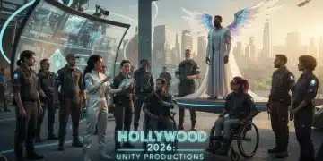 Diverse film crew collaborating on set, 2026 Hollywood