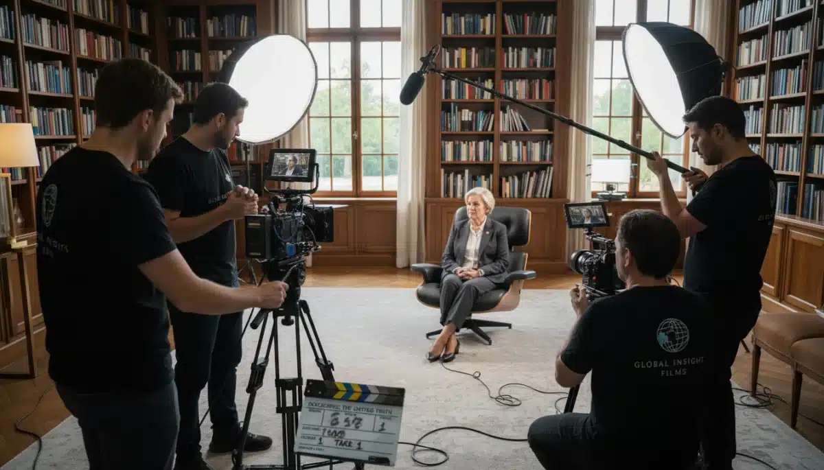 Documentary film crew capturing an interview for a new release