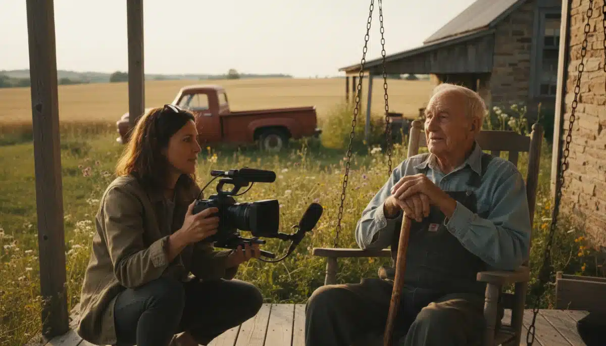 Filmmaker interviewing an elderly person for a cultural documentary