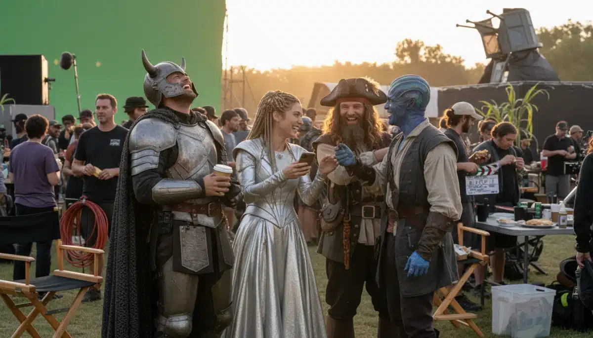 Diverse cast members on set of a drama series, laughing during a break