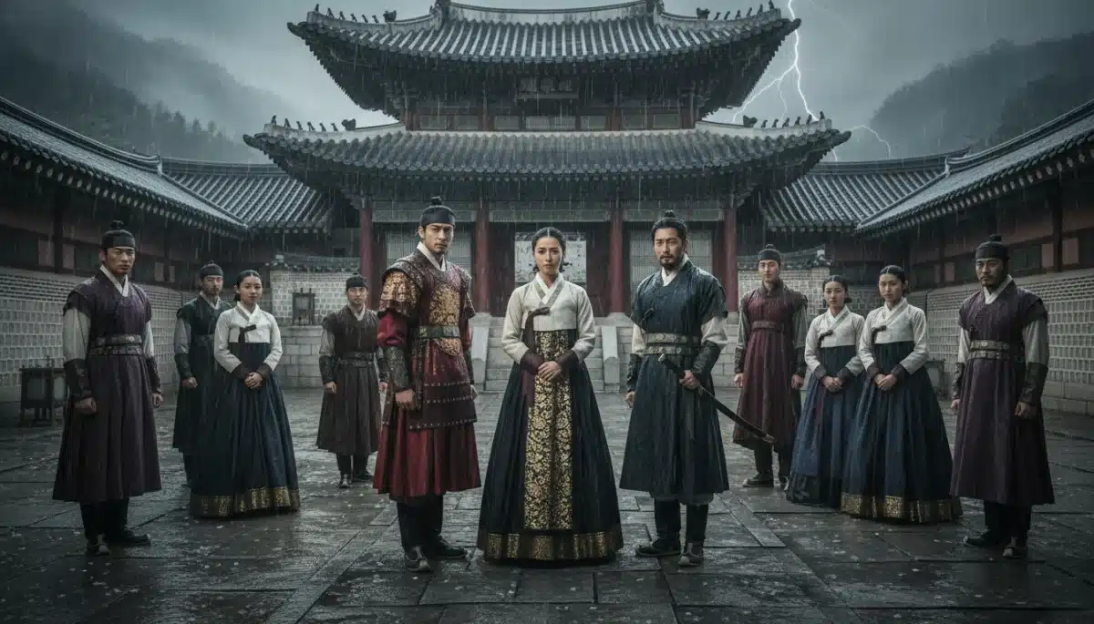 Cast members from an international drama performing an intense scene in a vibrant, unique cultural setting.