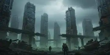 Futuristic cityscape showing societal collapse under a dark, oppressive sky.