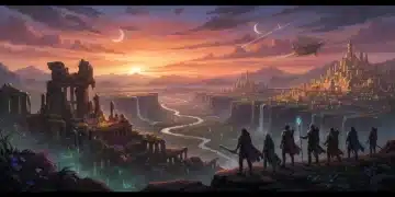 Epic fantasy saga landscape with ancient ruins and diverse adventurers at dawn