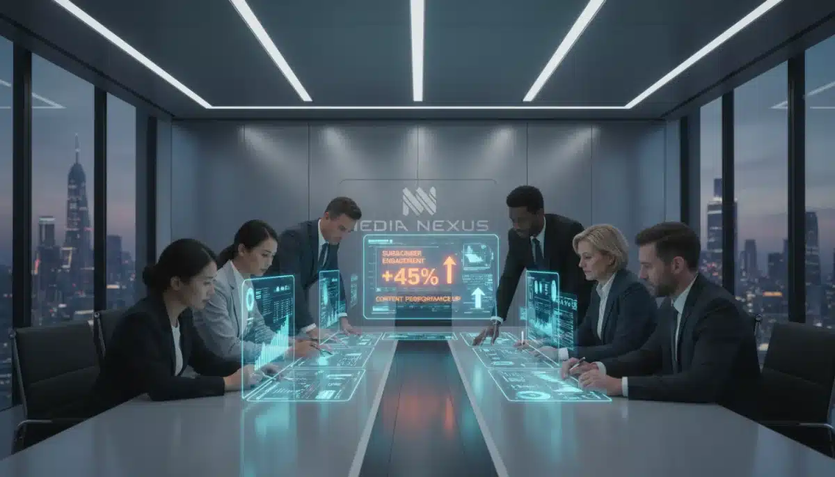 Media executives analyzing holographic subscriber engagement data in a boardroom