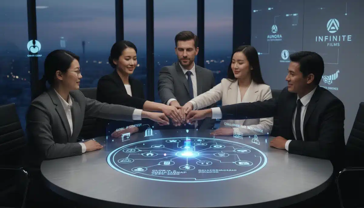 Executives shaking hands over a holographic content roadmap, symbolizing a strategic partnership.