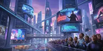 Futuristic cityscape with people excited about new TV series in Fall 2026