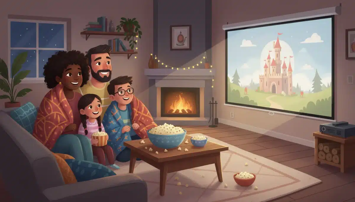Family enjoying a movie night together with popcorn and cozy blankets