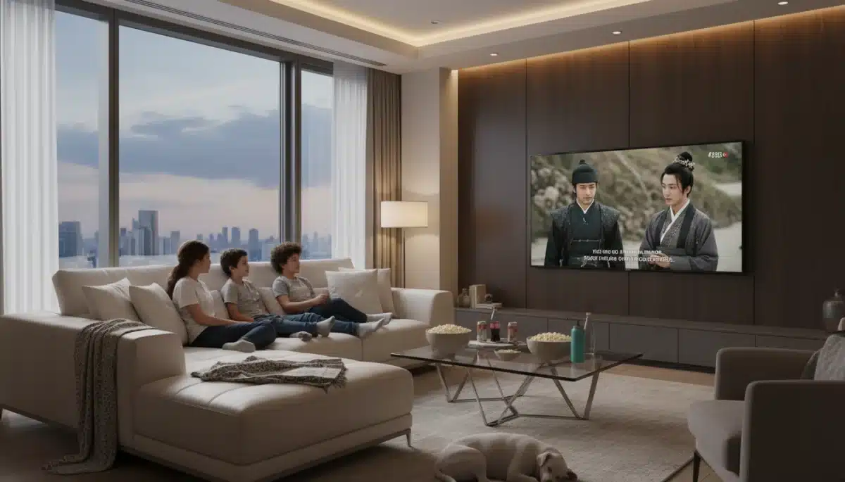 Family watching subtitled international drama at home
