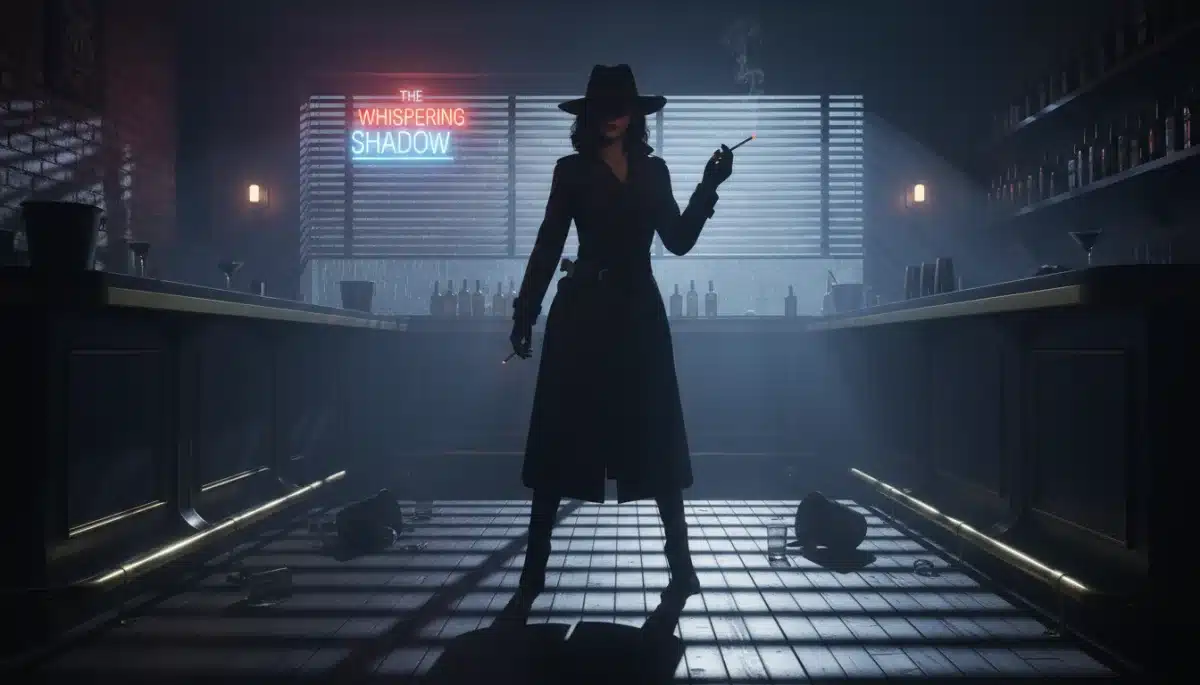 Femme fatale in a smoky bar, casting a long shadow, mysterious ambiance