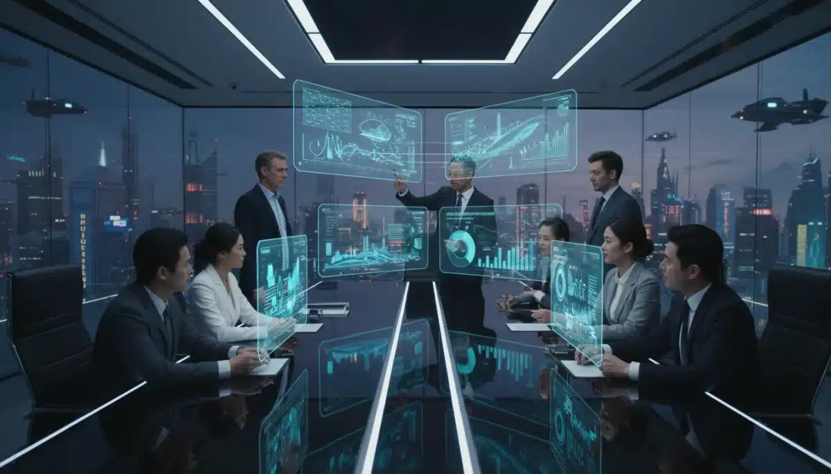 Film executives discussing sci-fi production strategy in a high-tech boardroom
