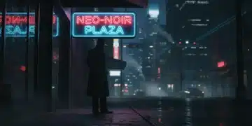 Film Noir Revival: 6 Elements Driving 2026 Resurgence Rain-slicked city street at night, a shadowy figure in a trench coat, neon glow