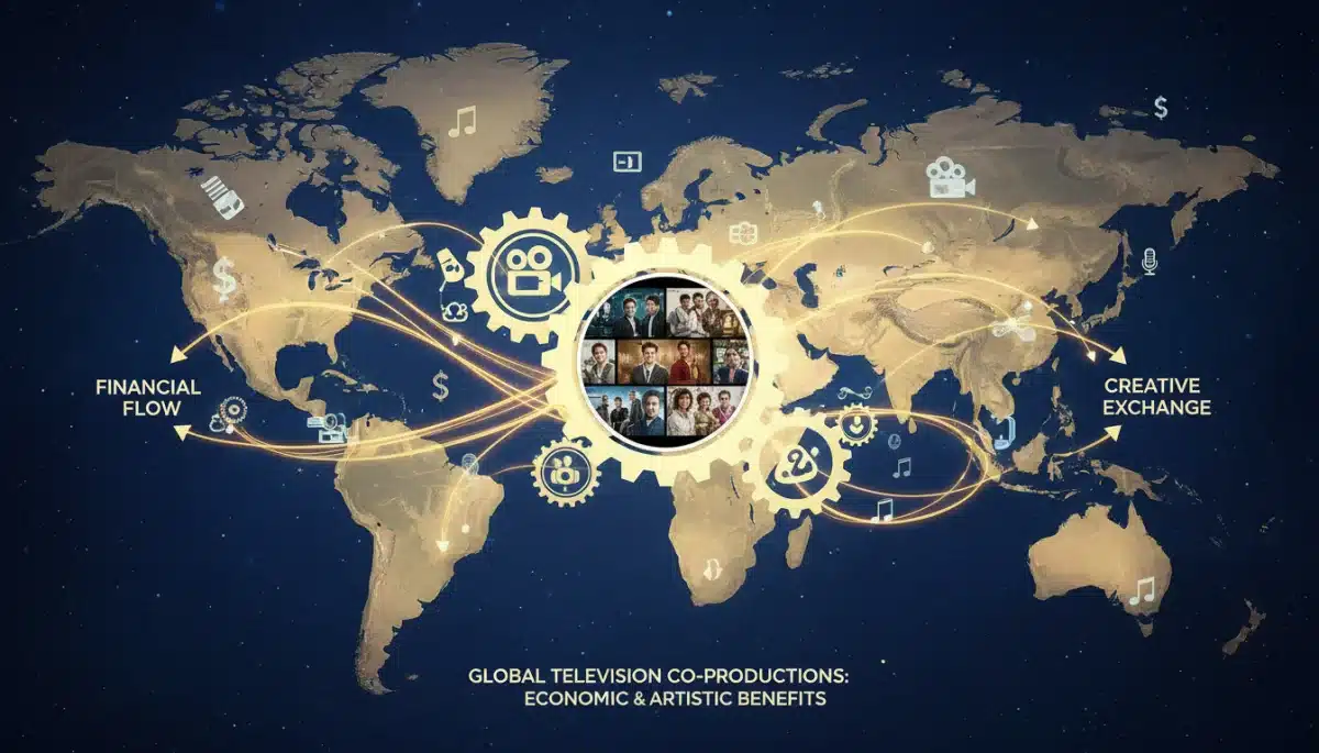 Interconnected gears and light trails symbolizing global financial and creative exchange in TV production