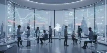 Futuristic post-production studio showcasing AI integration and collaborative creative work in 2026.