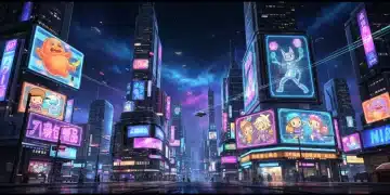 Futuristic animated adult comedy landscape 2026
