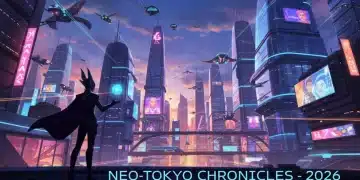 Futuristic city skyline at dusk with flying vehicles, glowing neon, and a unique character silhouette.