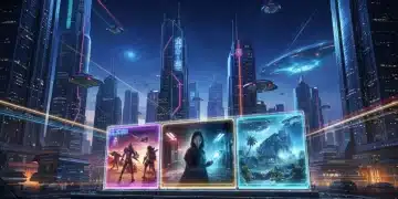 Futuristic cityscape with holographic movie previews for 2026 sci-fi blockbusters