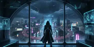 Futuristic city night with lone figure, reflecting sci-fi thriller suspense