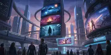 Futuristic cityscape with screens showcasing anticipated drama series of 2026