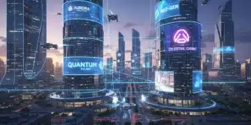 Futuristic cityscape with interconnected studio logos representing strategic partnerships in 2026.