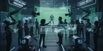 Futuristic film set with AI technology and diverse crew in American cinema