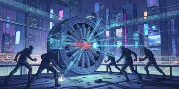 Futuristic heist in progress with advanced technology and shadowy figures