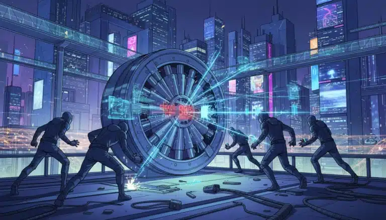 Futuristic heist in progress with advanced technology and shadowy figures