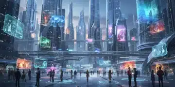 Futuristic city scene with people engaging in interactive holographic storytelling experiences, showcasing advanced media technology.