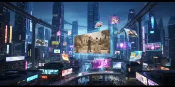 Futuristic city with holographic movie and short-form video screens