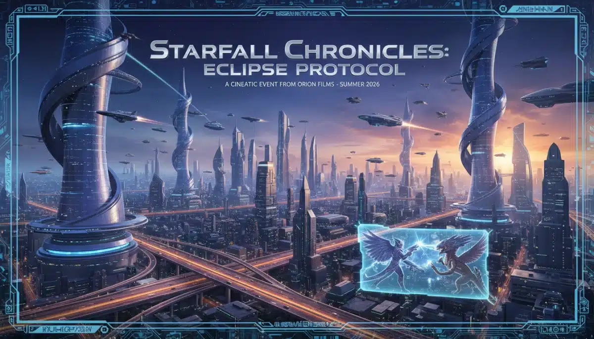Futuristic cityscape with spaceships, symbolizing a major science fiction film release in 2026.