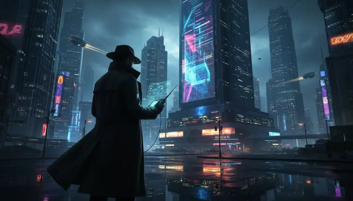 Futuristic cityscape with a lone spy figure, symbolizing espionage thriller