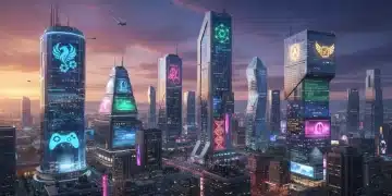 Futuristic cityscape with independent studio logos, symbolizing innovative funding strategies for 2026
