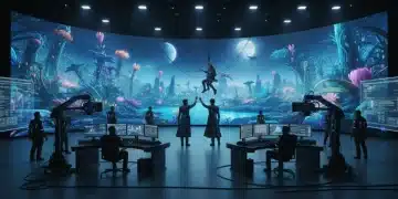 Futuristic virtual production studio with LED walls and film crew