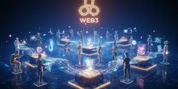 Futuristic Web3 digital landscape with interconnected blockchain nodes and fan engagement
