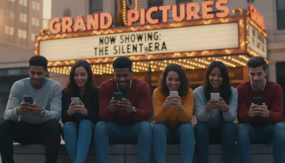 Young adults watching short-form videos on phones, movie theater in background