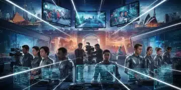 Diverse cast and crew on a futuristic set, representing global co-production in American TV series