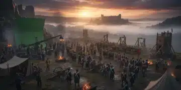 Grand historical film set with actors and crew, 2026 epic production