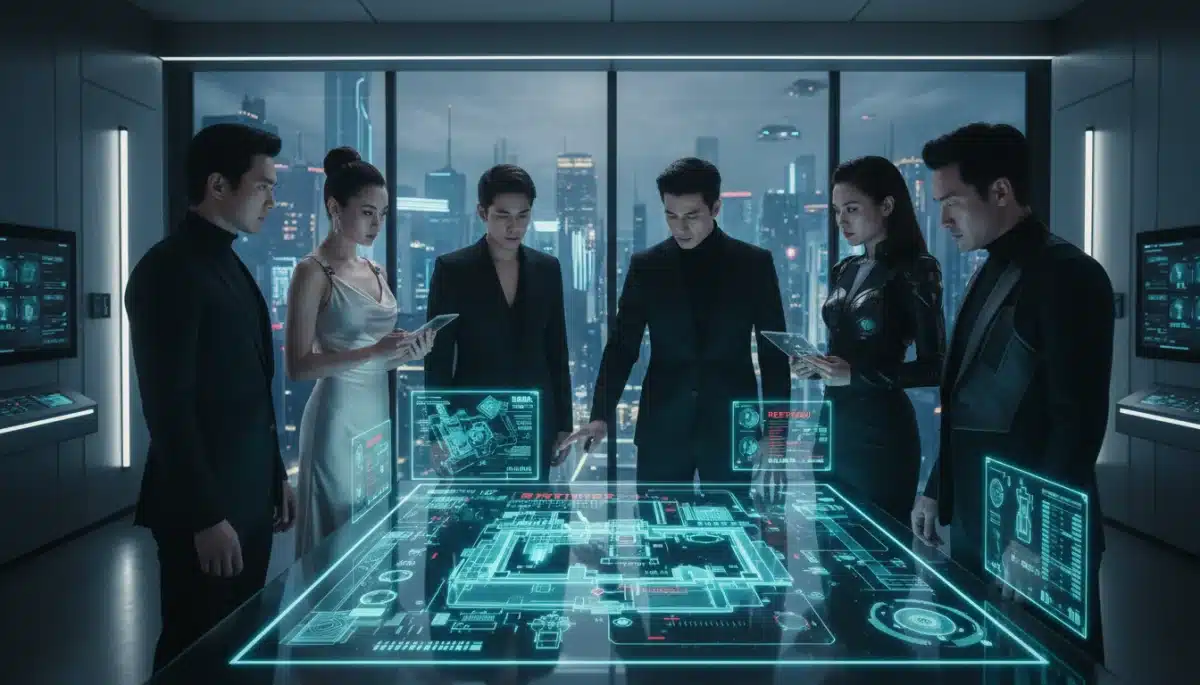 Team planning a high-tech heist with holographic projections