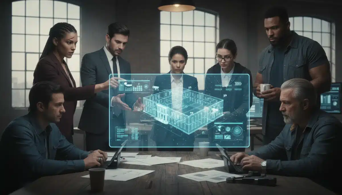 Diverse team planning an intricate heist with holographic technology