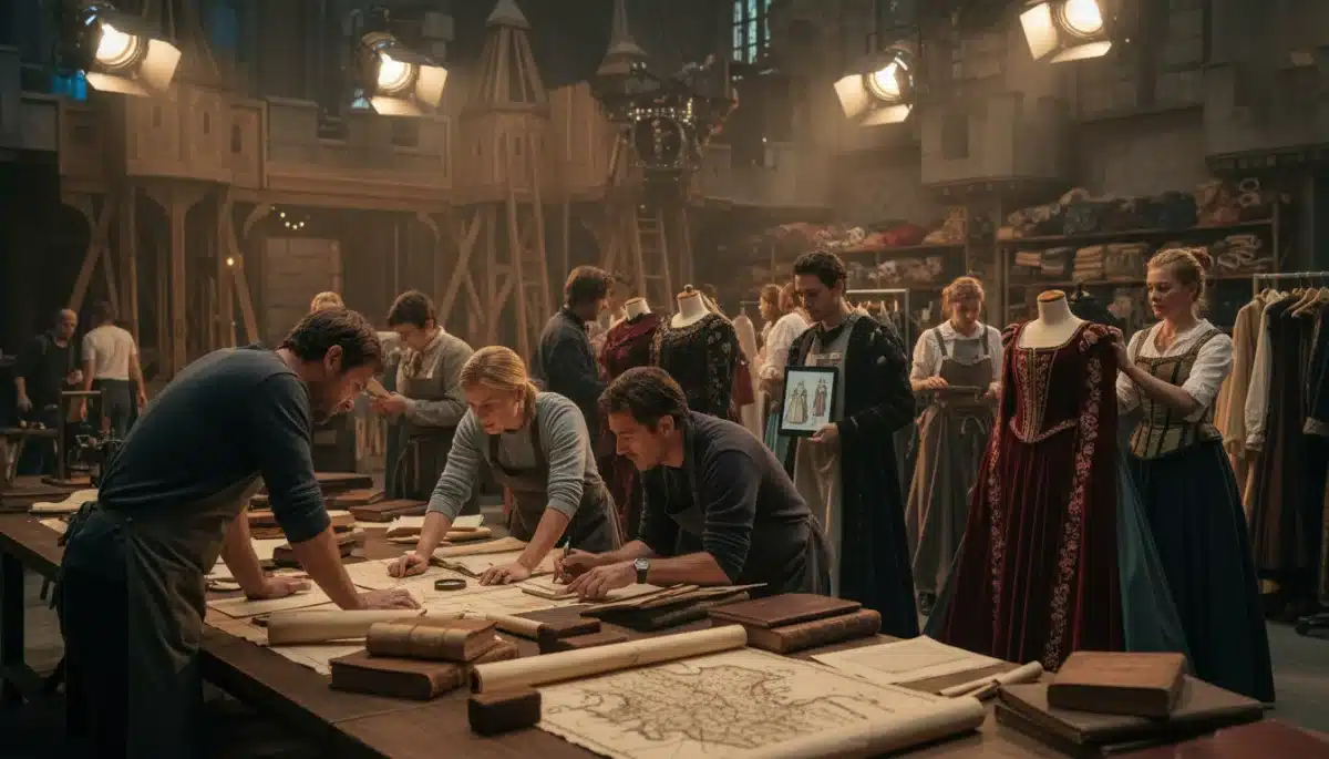 Behind-the-scenes research and costume work for a historical drama, highlighting dedication to accuracy.
