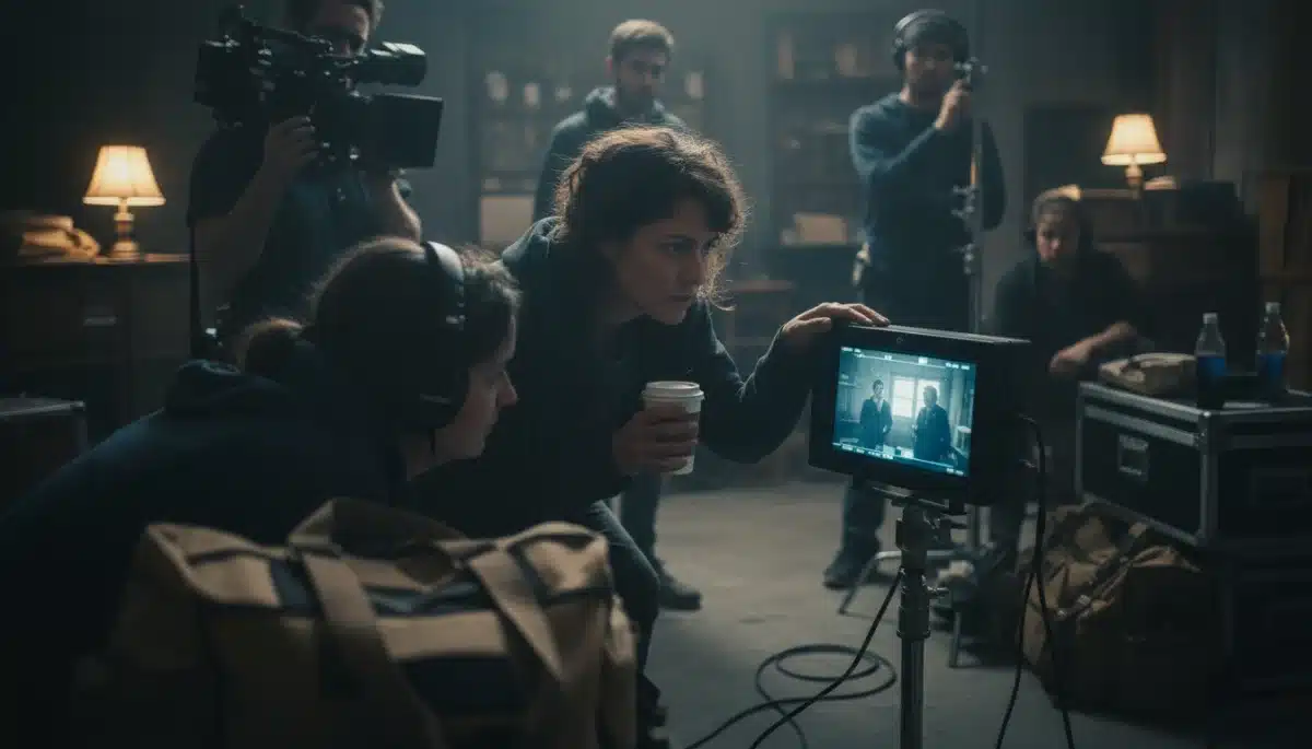 Independent film director on set crafting a scene