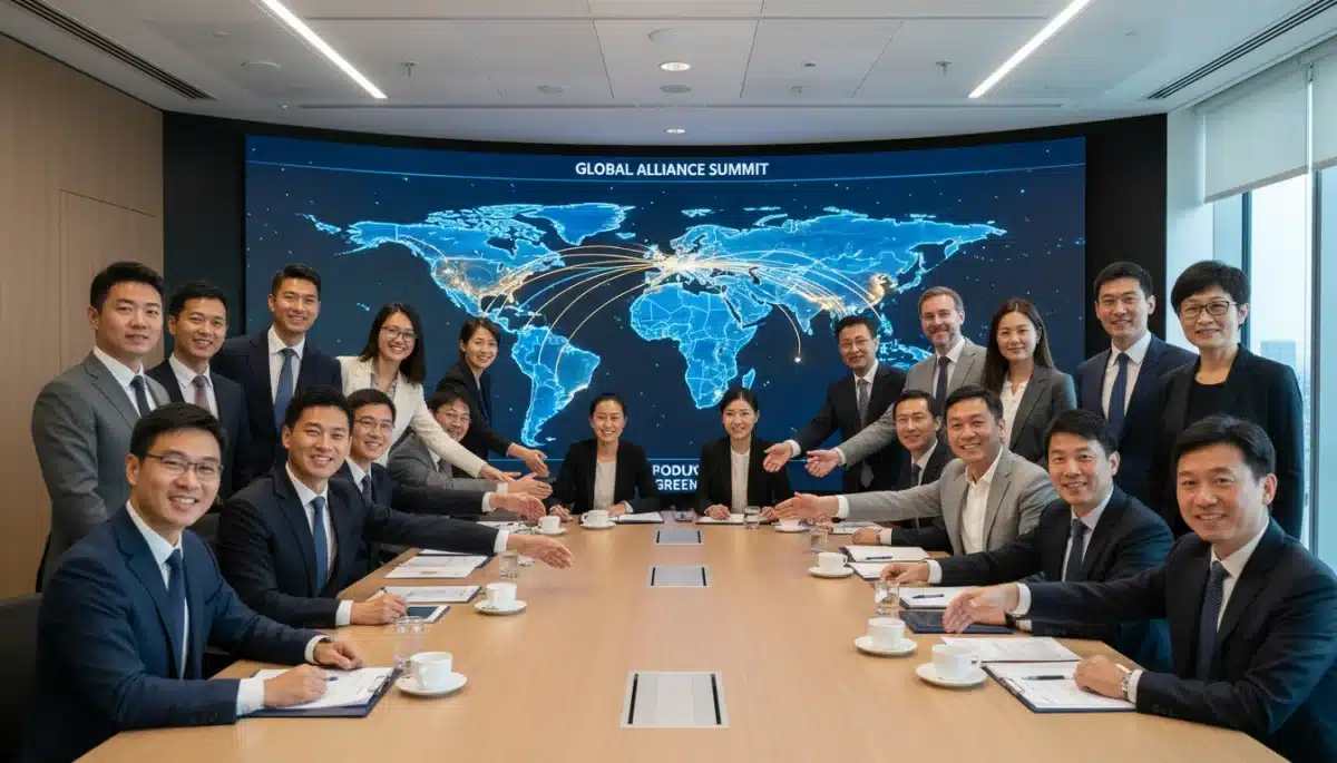 International executives shaking hands, symbolizing successful co-production deals and global partnerships.