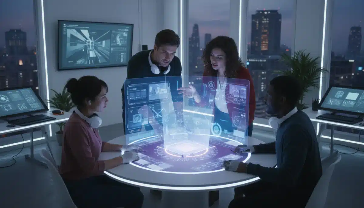 Diverse creative team collaborating on a holographic display in a modern micro-studio environment.