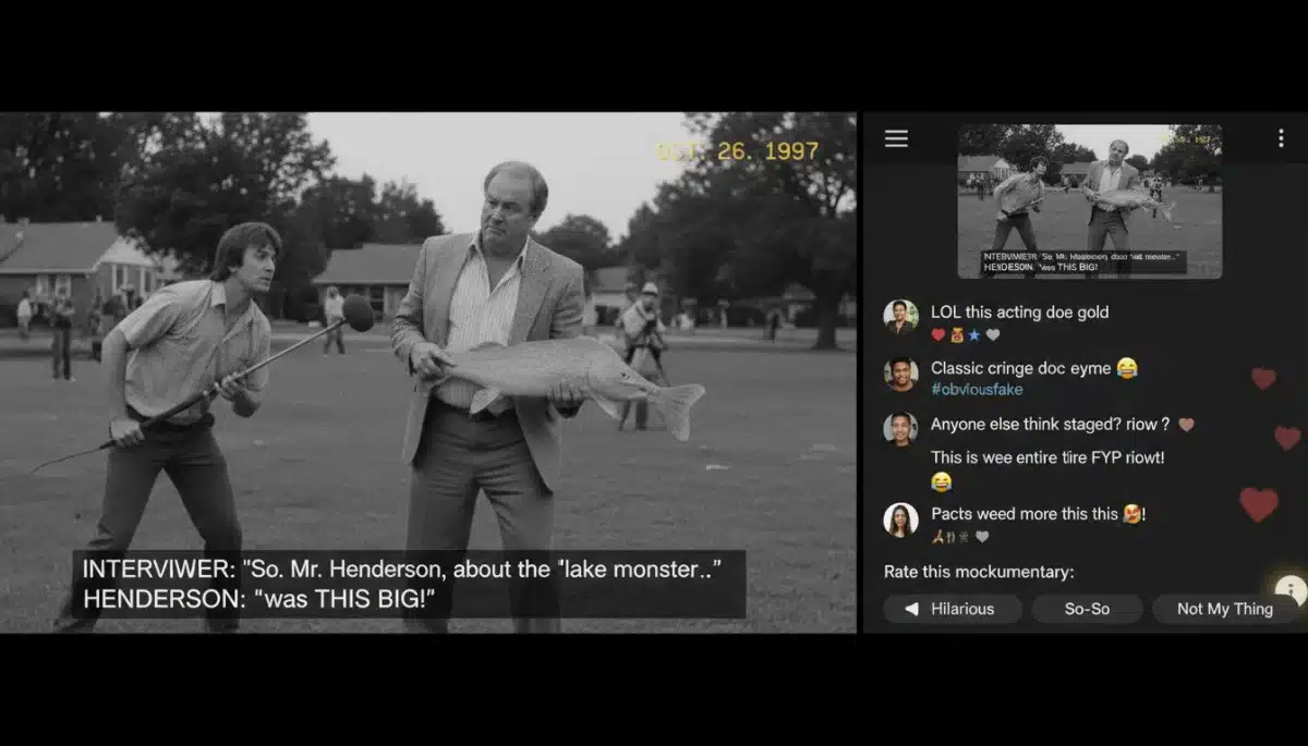 Split screen comparing classic mockumentary with modern digital audience engagement