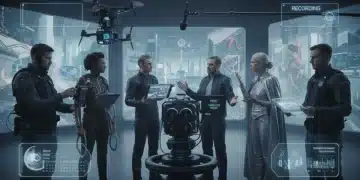Filmmakers shooting a mockumentary scene in 2026, blending reality and fiction