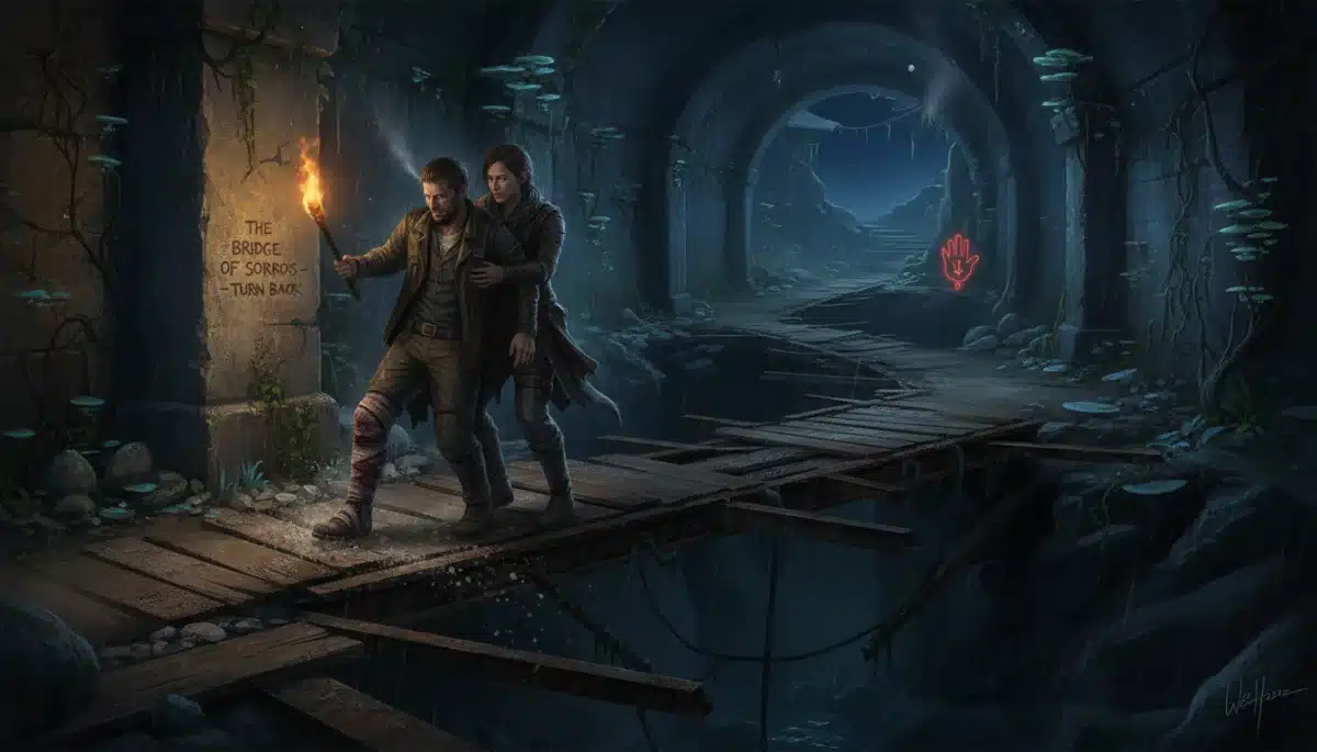 Characters facing moral dilemma in a perilous environment, showing human connection.