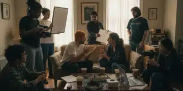 Independent filmmakers shooting a mumblecore-style film in 2026