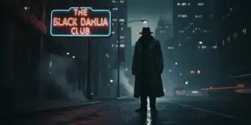 Rain-slicked city street at night, lone figure in trench coat under neon sign, neo-noir atmosphere 2026