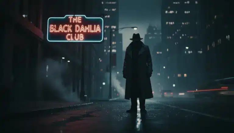 Rain-slicked city street at night, lone figure in trench coat under neon sign, neo-noir atmosphere 2026