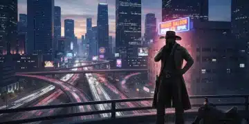 Modern cowboy figure against a neon cityscape representing the neo-western genre's evolution in 2026.