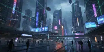 Neon-lit cyberpunk city with flying vehicles and shadowy figures